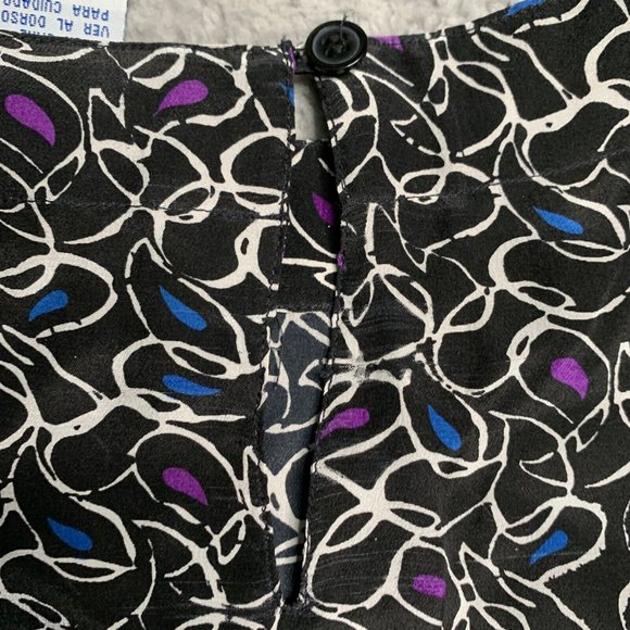 Anna and Frank Silk Blouse L Top Shoulder Pads Black geometric coastal vintage - Picture 4 of 6